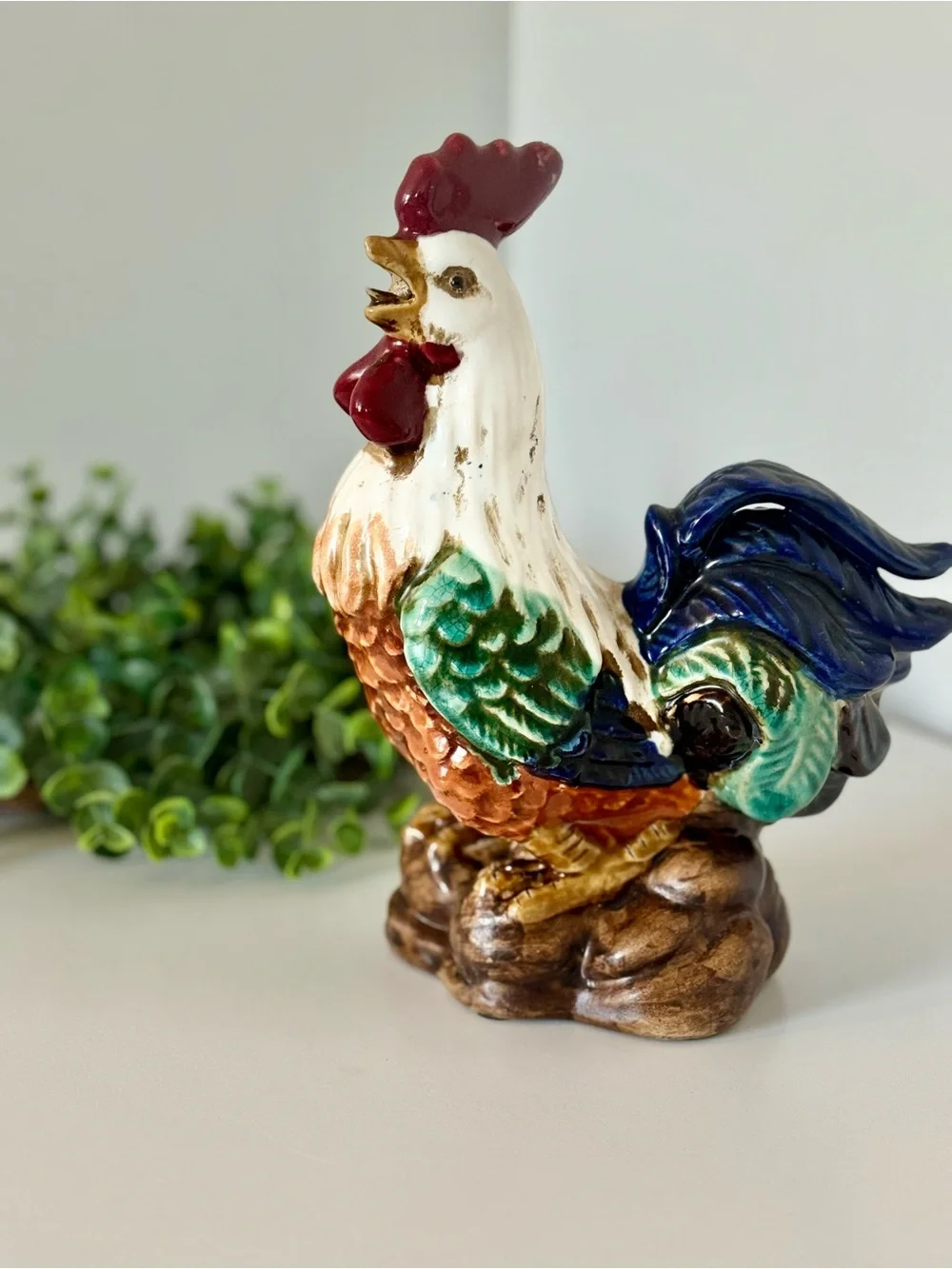 Large Vintage Artisan French Farmhouse Pottery Rooster Decor